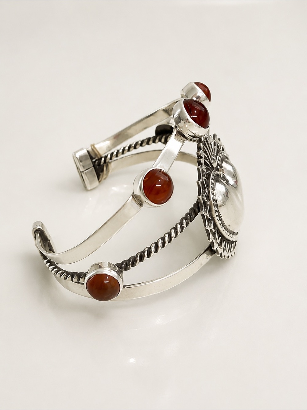 925 Sterling Silver Heart Cuff Bracelet with Carnelian - Picture 3 of 3